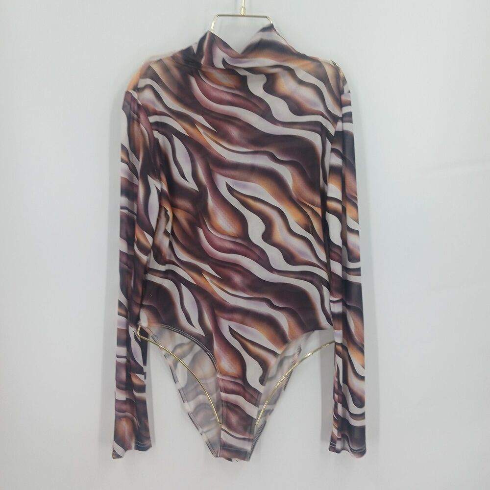 Women's SHEIN Abstract Swirl Print Mock Neck Long Sleeve bodysuit Top Size L